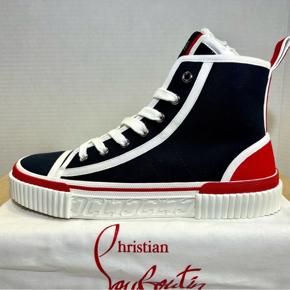 NEW 2024! CHRISTIAN LOUBOUTIN PEDRO FLAT HIGHTOP SNEAKERS MARINE RED WHITE 44 - Picture 2 of 15